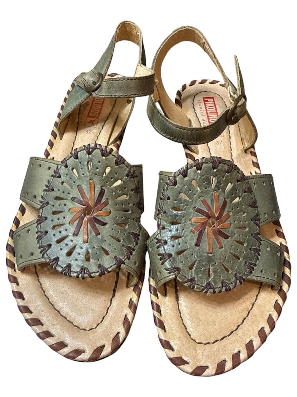 PIKOLINOS Olive Green Leather women Sandals with Brown Detail